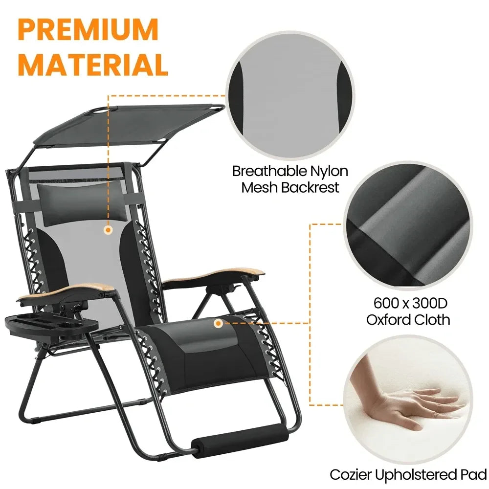 Outdoor Zero Gravity Chair XL Foldable Reclining Lounge Chair With Adjustable Sun Shade Cupholder Pillow Camping Chair For Pool