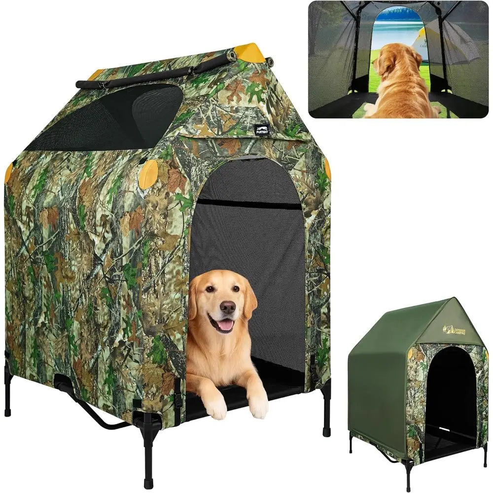 42" Camoulage Canvas Outdoor Dog House Weatherproo,360° Visibility and Breathable Design,2-in-1 Dog Shade Shelter or Large Breed