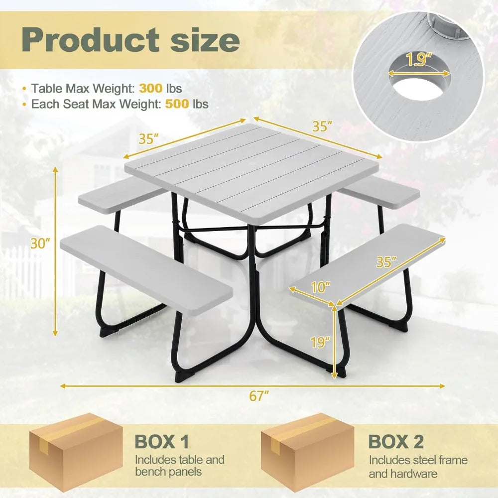 Tangkula 8 Person Picnic Table, Outdoor Square Picnic Table with 4 Built-in Benches, Umbrella Hole, Metal Frame & HDPE Tabletop,