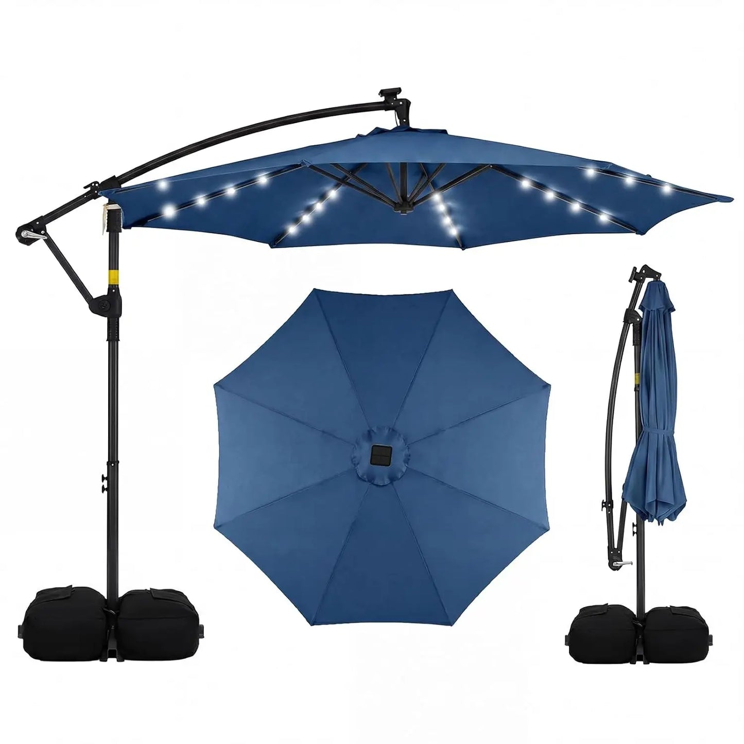 10ft Solar Patio Umbrella with Base Included, Offset Cantilever Outdoor Umbrella with 32 LED Lights, Infinite Tilt,, Customized