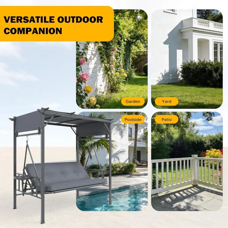 2026 New：2-in-1 Convertible Porch Swing Bed 3, Outdoor Patio Metal Pergola Swing with Hanging Cloud Hammock C