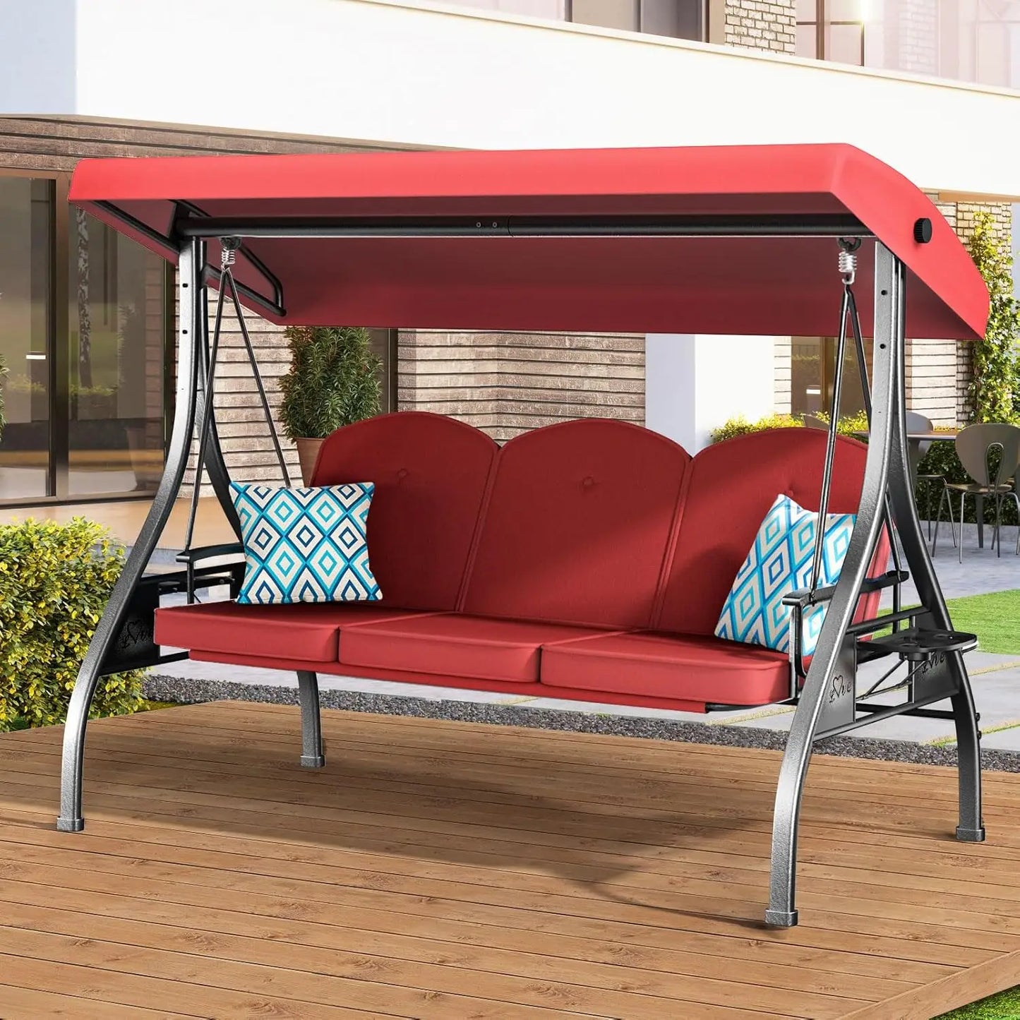 3 Seat Outdoor Patio Swing with Stand 800lbs Capacity 2-in-1 Convertible Swing Bed Adjustable Canopy Removable Customized Porch