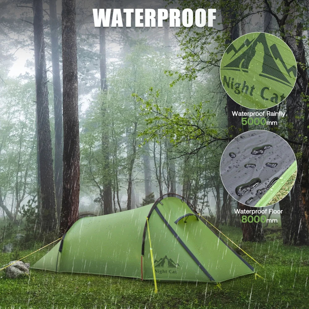 Night Cat Ultralight Tunnel Tent: Waterproof Backpacking Tent for Camping with Double Layers Aluminum Poles and Footprint