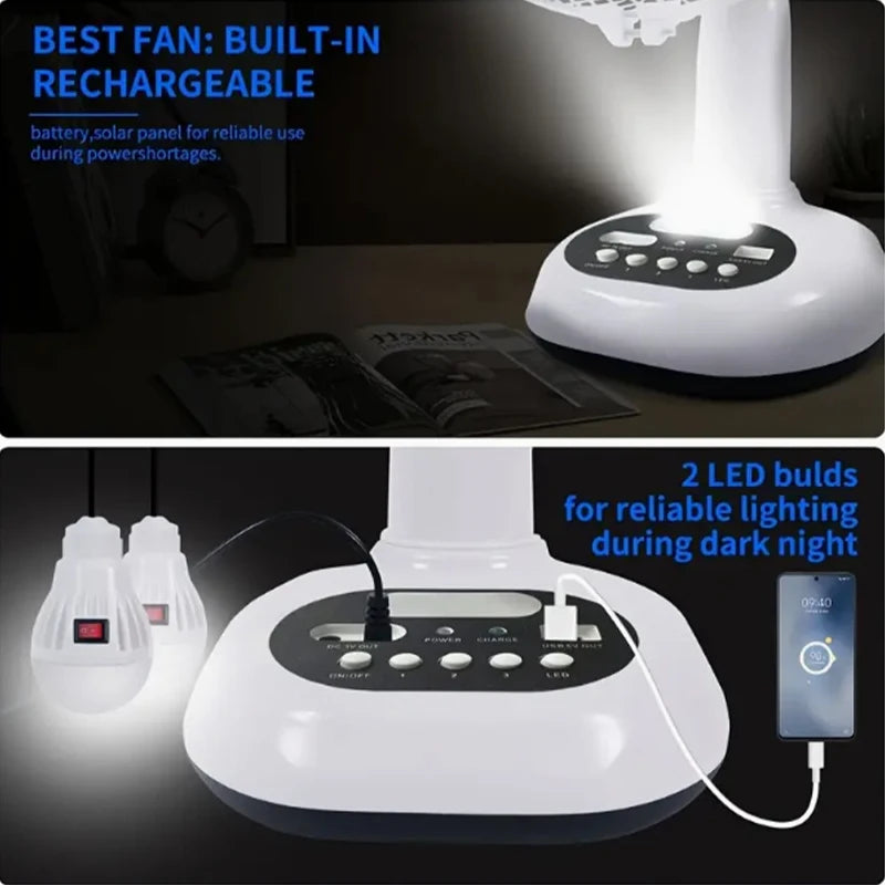 1pcs 12 inch 14400mAh battery capacity portable solar charging fan with 2 bulbs with LED lighting and USB phone charging