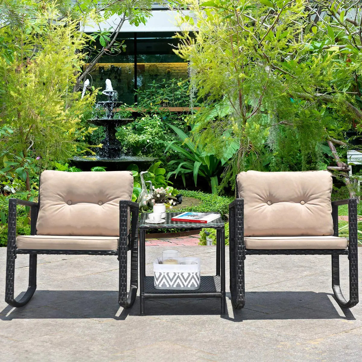 3 Pieces Patio Wicker Rocking Set, Outdoor Rocking Chairs and Table Set with Cushions, Glass Coffee Table with, Customized