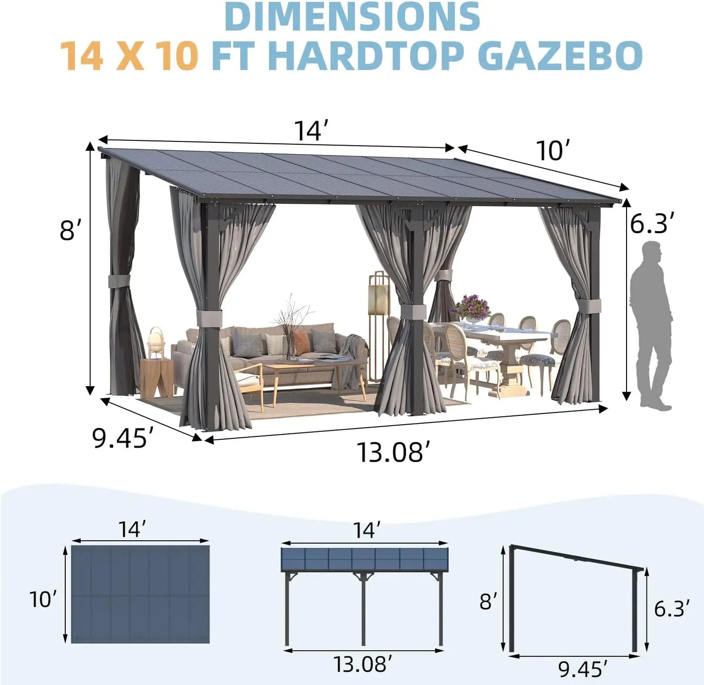 14' X 10' Gazebo, Hard Top Lean To Gazebo Pergola with Curtains and Mosquito Netting, Large Wall-Mounted Heavy Duty Awnings