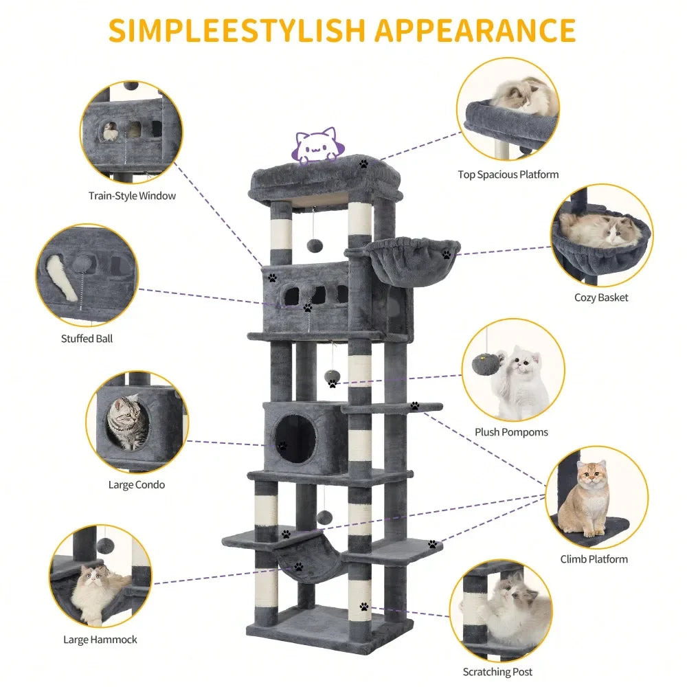 Cat Tree, 67 Large Tall Cat Tower For Indoor Cats, MultiLevel Cats House With Condo, 8 ching Posts, Hammock, 4 Pom Poms, L