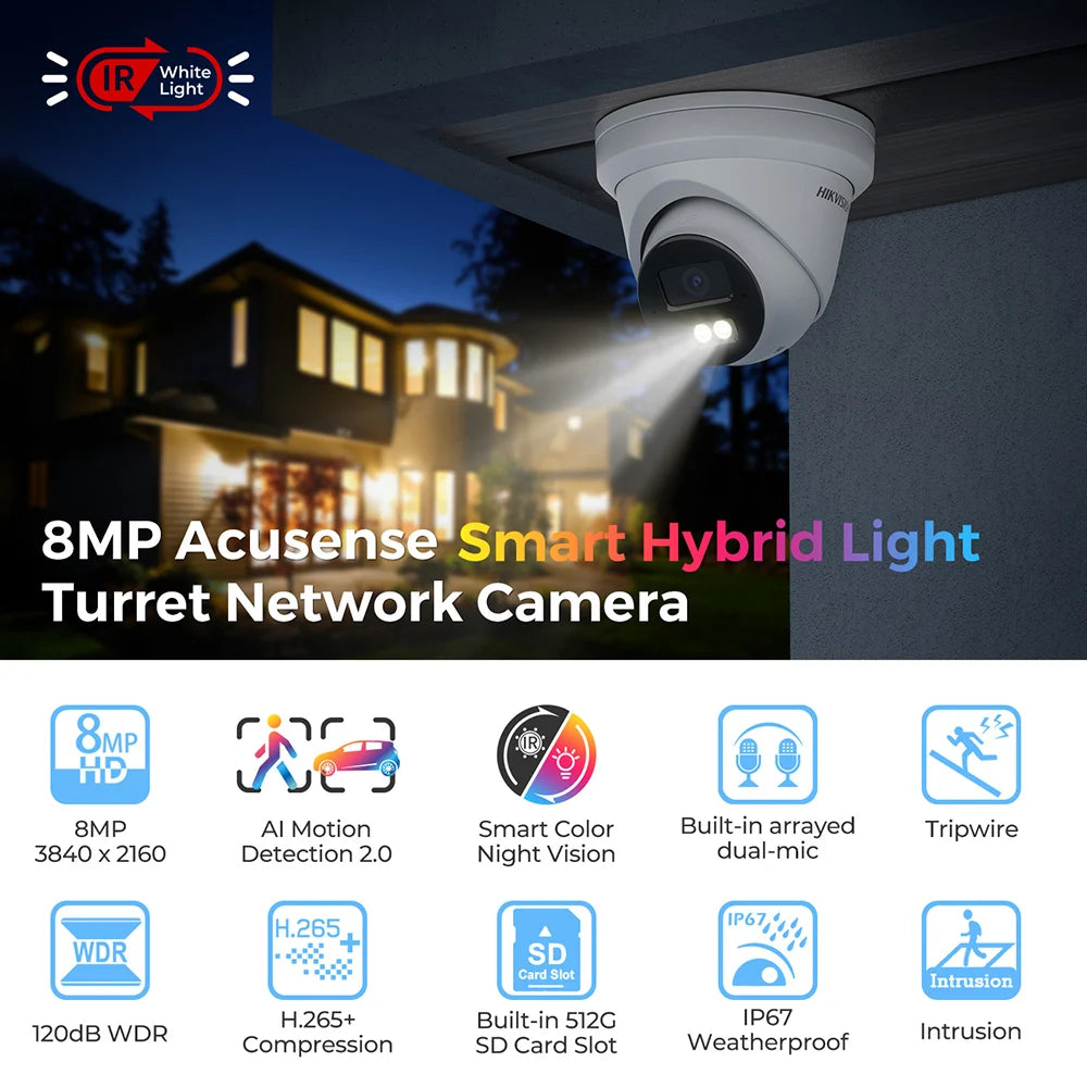 Hikvision Color IP Camera 4MP Outdoor Bullet IR+Color Mode 2-MIC Real-time High Quality Audio Security
