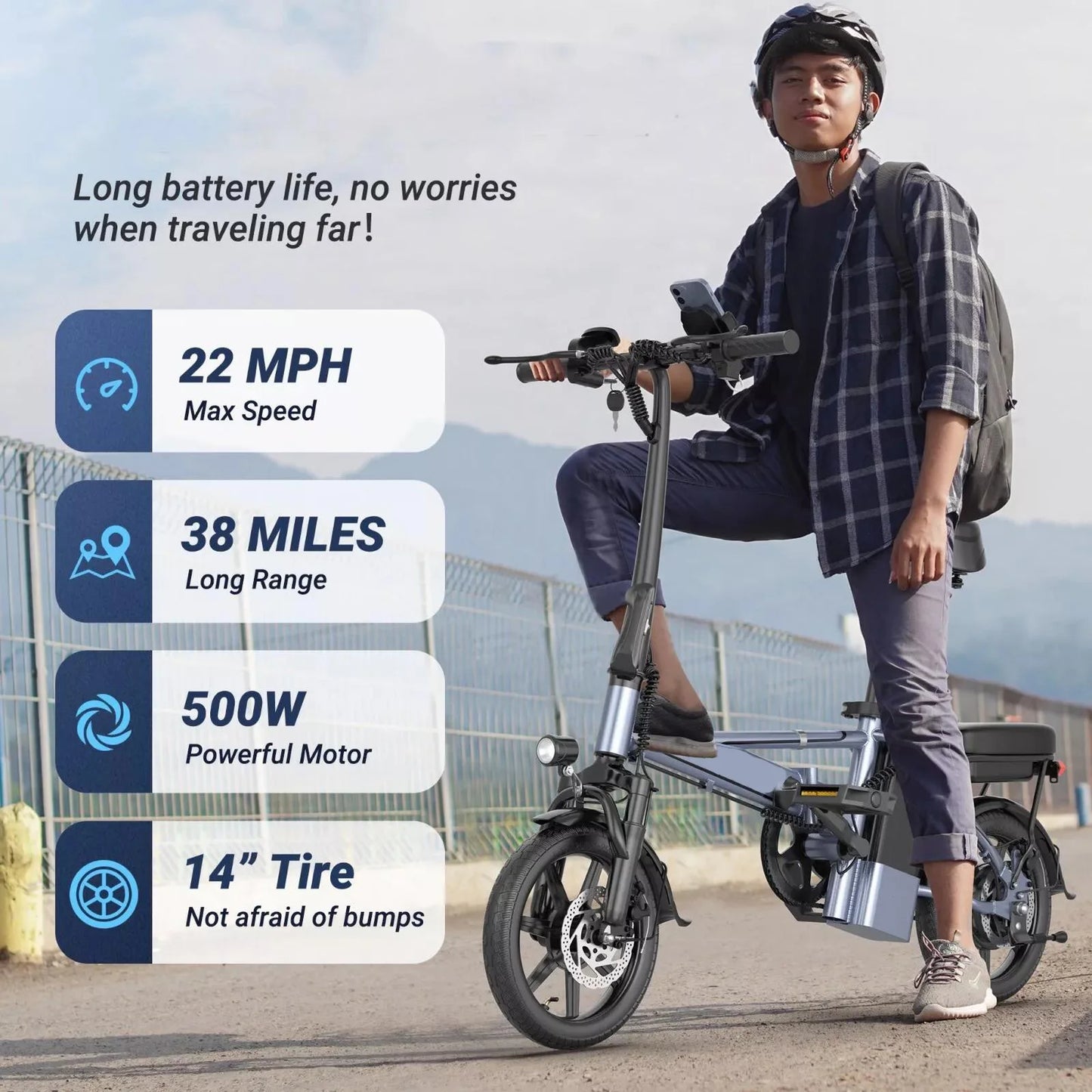 14'' Foldable Electric Bike 500W Motor 48V 10.4AH Battery 22MPH Max Speed 28Miles Long Range with Two Seats for Adult