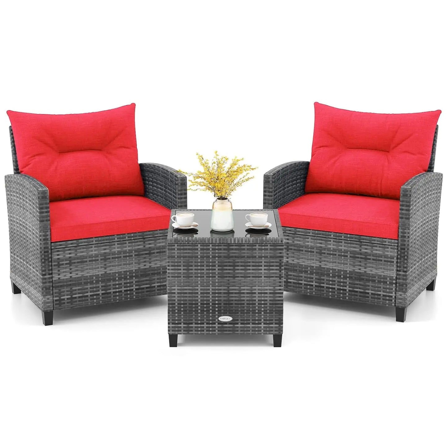 3 Piece Patio Furniture Set, Outdoor PE Rattan Conversation Set with Washable Cushions & Tempered Glass Tabletop,, Customized