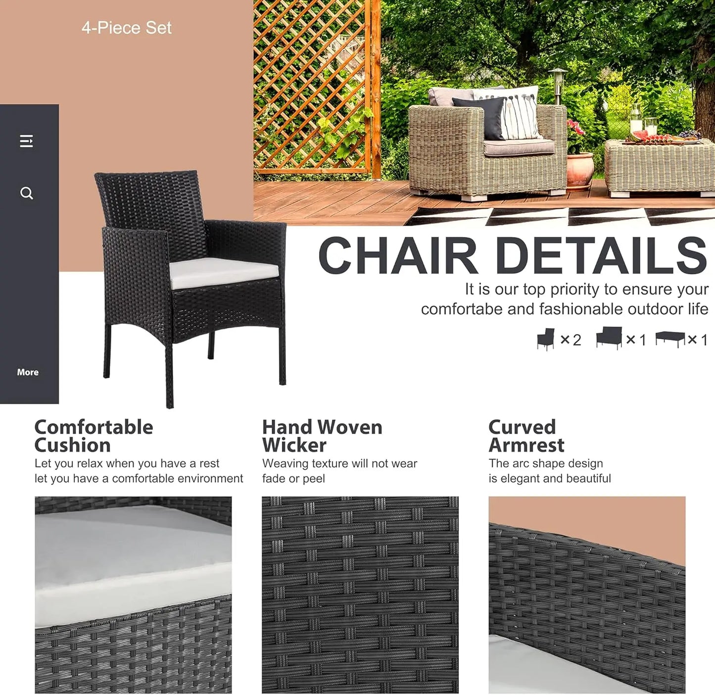 4 Piece Outdoor Patio Furniture Sets, Small Wicker Patio Conversation Furniture Rattan Chair Set with Tempered Glass Coffee Tabl