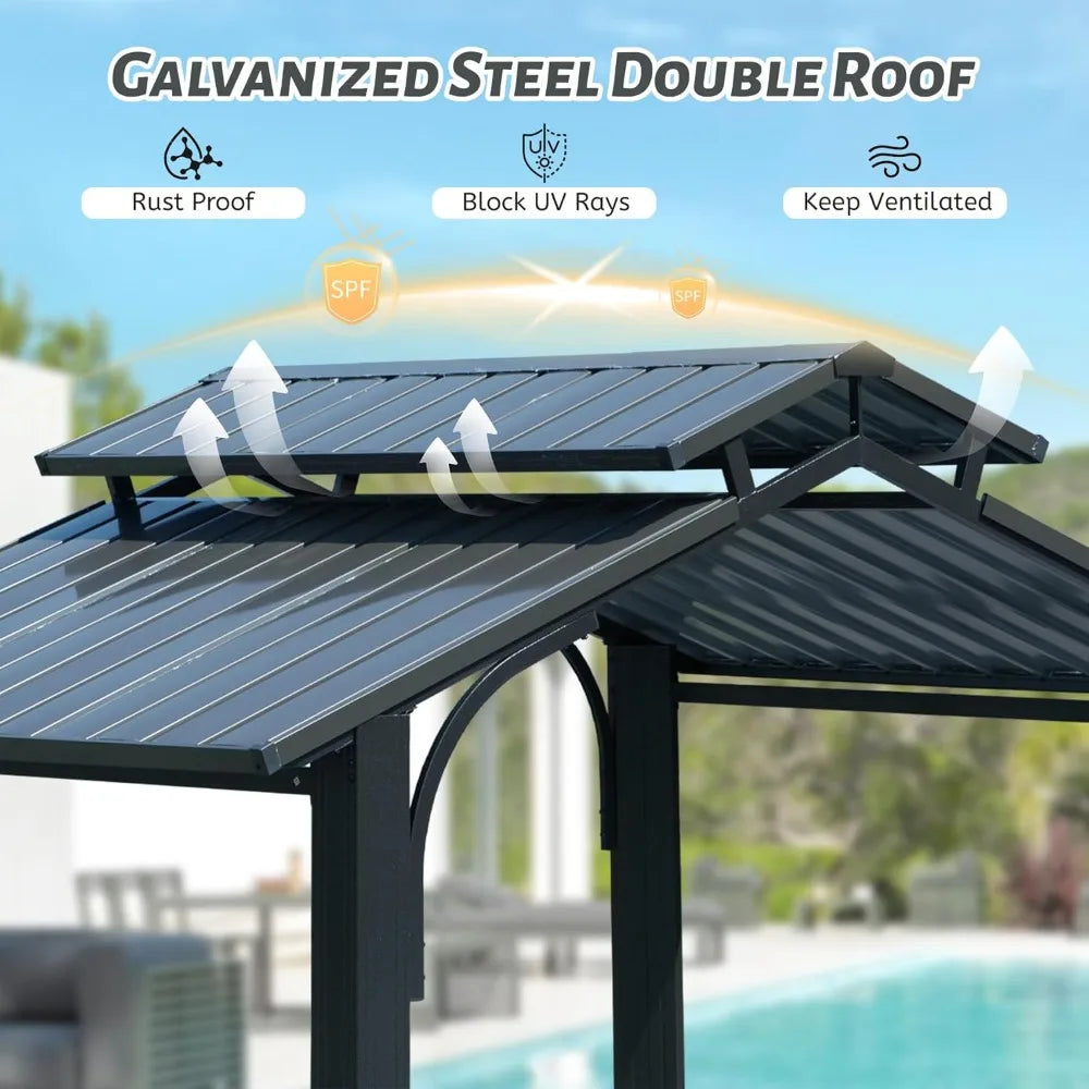 8x5FT Hardtop Grill Gazebo, Outdoor BBQ Shelter with Steel Roof, Side Shelves & Ceiling Hook for Patio Garden