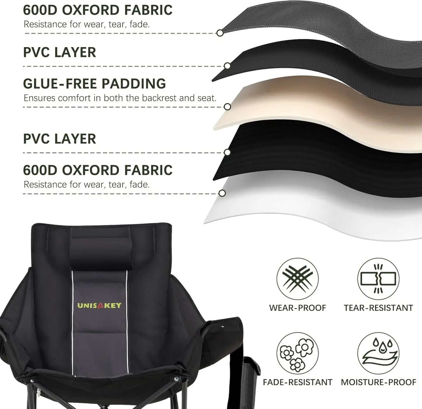 Oversized Rocking Camping Chair with Headrest & Cup Holder, 400lbs Capacity, Easy Fold Portable for Outdoor