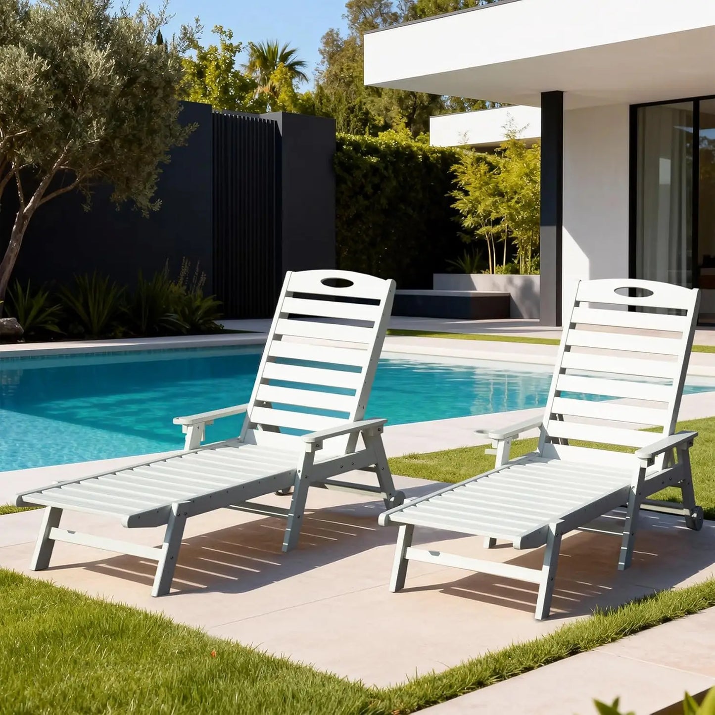HDPE Outdoor Lounge Chairs Set of 2 Adjustable Pool Chaise Patio Sunbathing Tanning Brown Custom