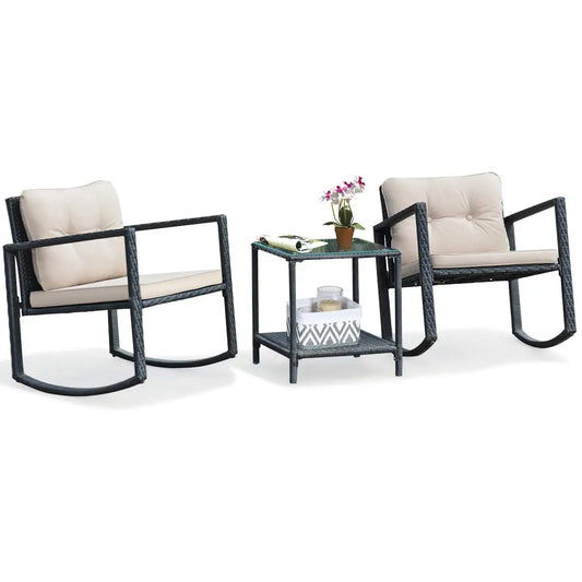 3 Pieces Patio Wicker Rocking Set, Outdoor Rocking Chairs and Table Set with Cushions, Glass Coffee Table with, Customized