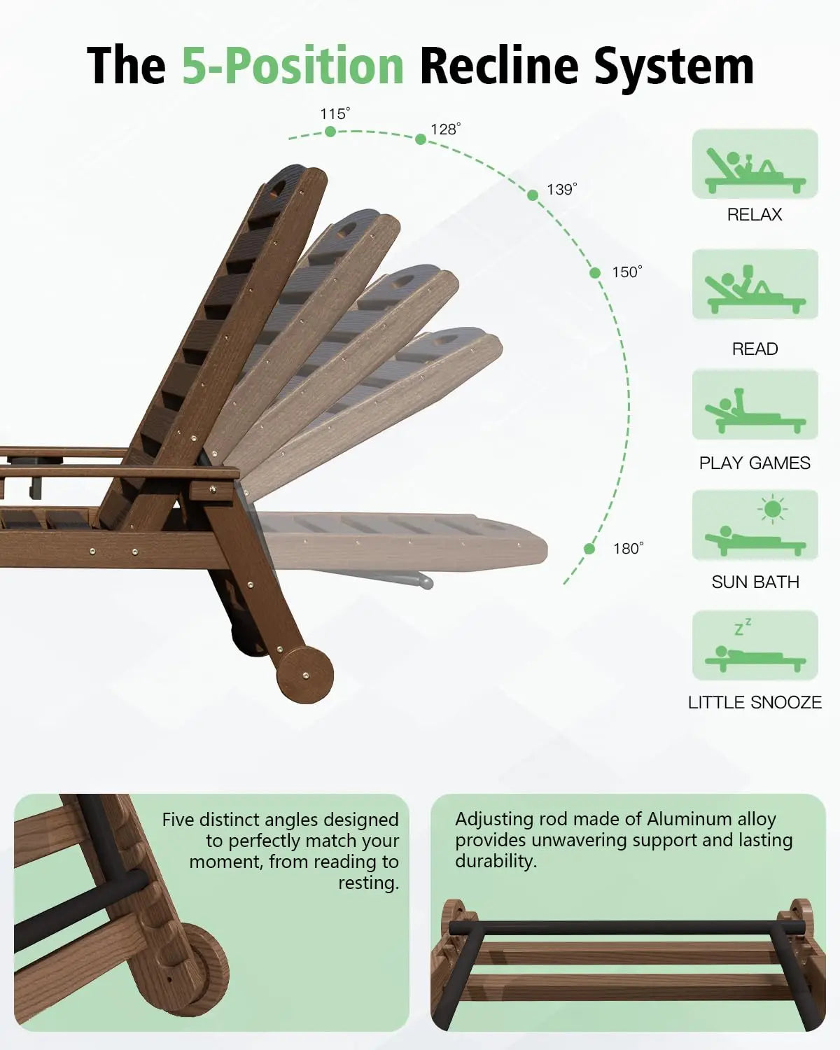 HDPE Outdoor Lounge Chairs Set of 2 Adjustable Pool Chaise Patio Sunbathing Tanning Brown Custom