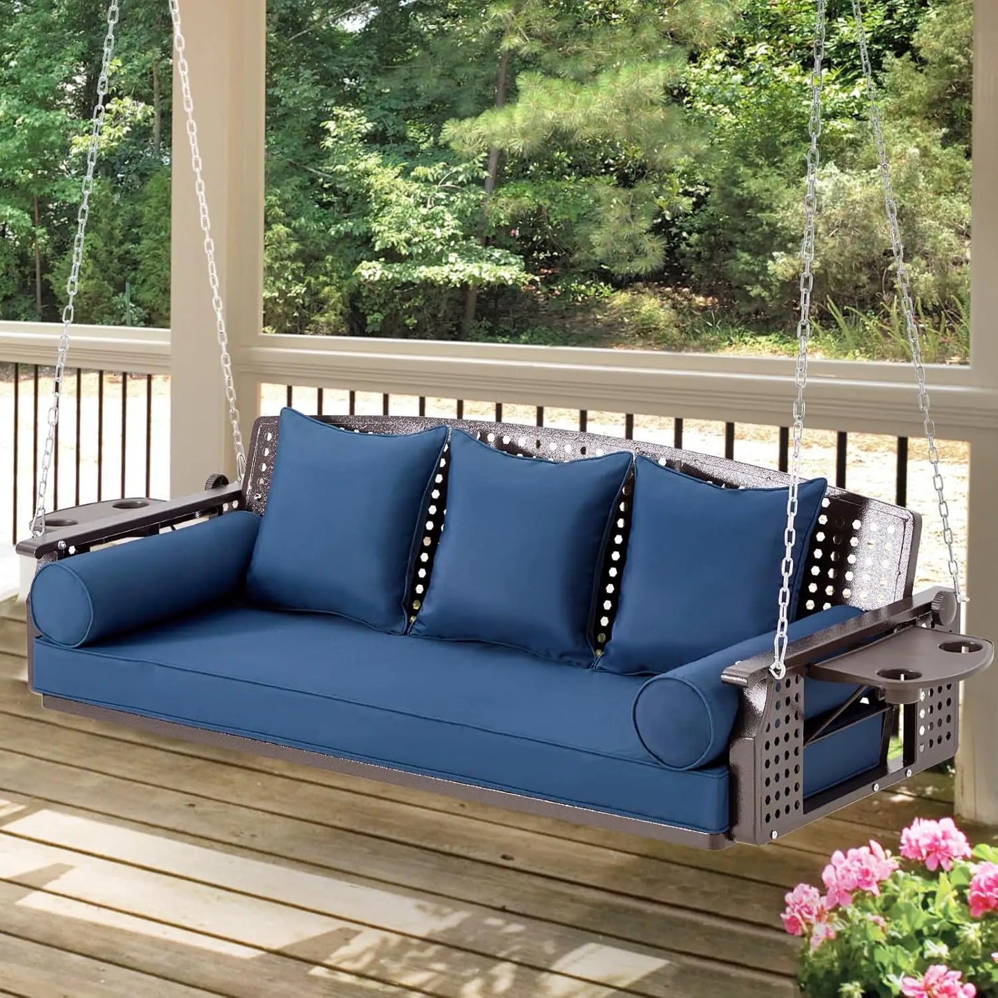 3 Seat Porch Swing, Patio Swing Bench with Cup Holders & 3 Back Cushions, Swing Chair with Chains for Deck Garden, Customized