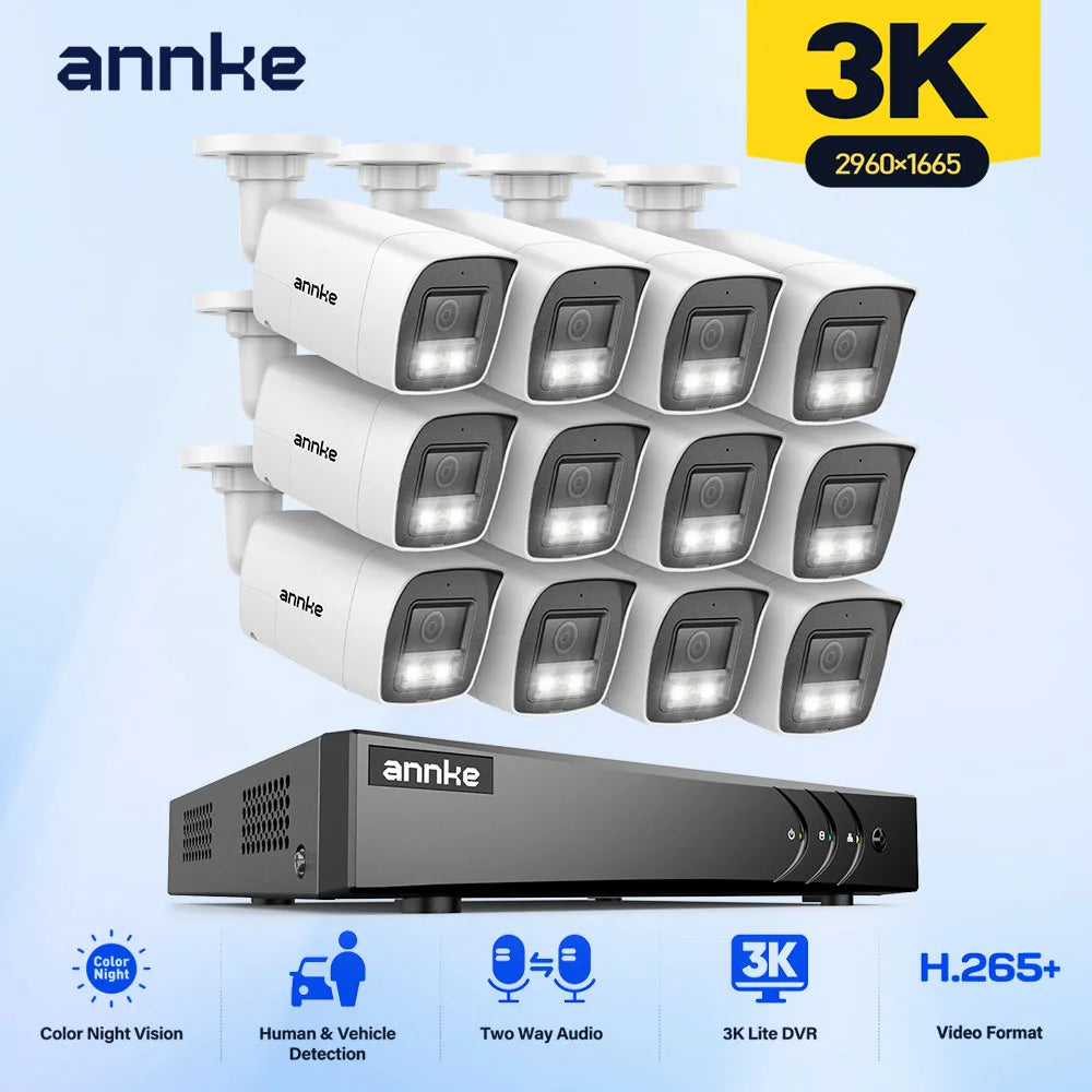 ANNKE 16 Channel 3K 5MP Security Camera System 16CH H.265+ Surveillance DVR Recorder 12pcs 3K CCTV Two-way Voice Cameras Outdoor