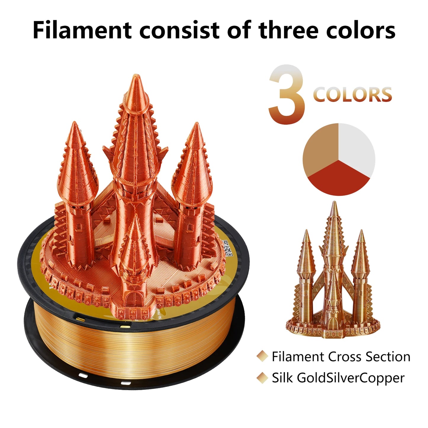 KINGROON Silk Tri-color PLA Filament 3D Printer 1.75mm 1KG/roll  Silk PLA Filament Plastic Material 3D Printing Special Color
