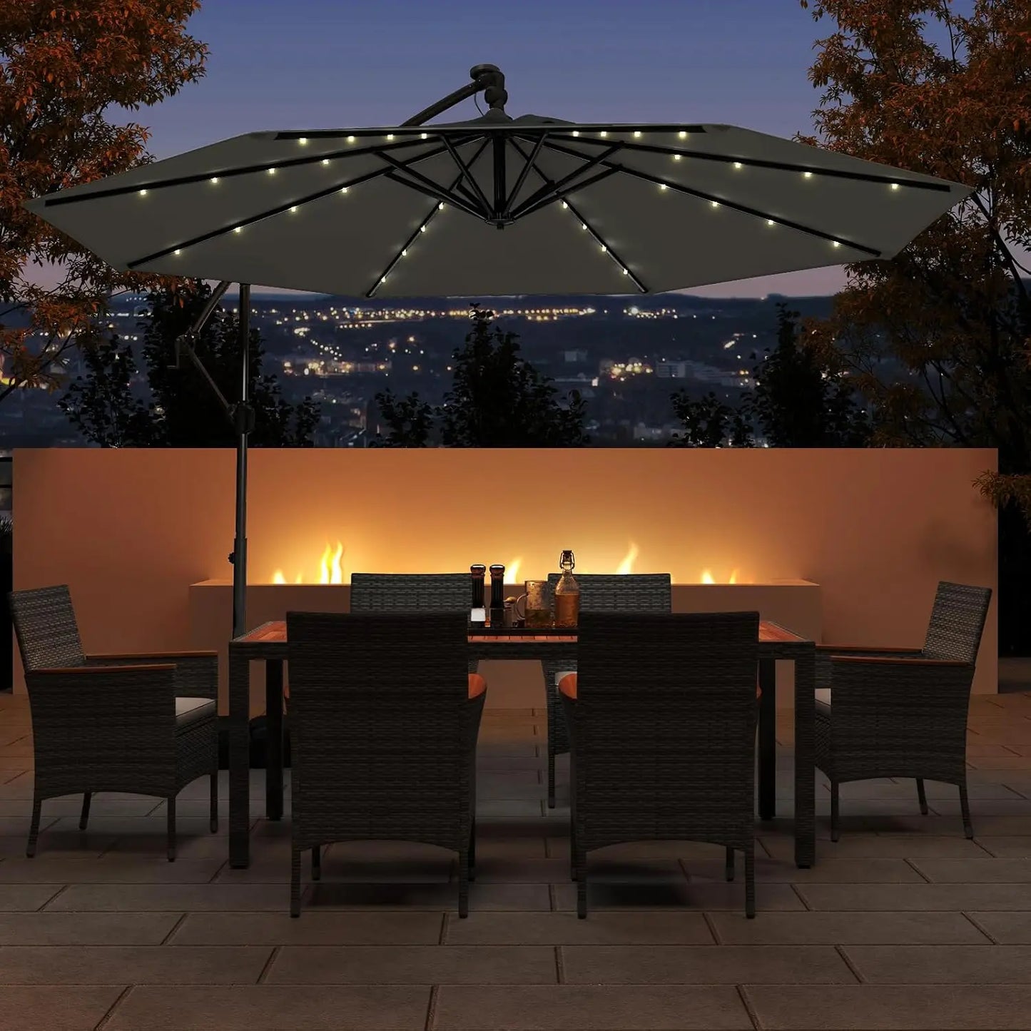 10ft Solar Patio Umbrella with Base Included, Offset Cantilever Outdoor Umbrella with 32 LED Lights, Infinite Tilt,, Customized