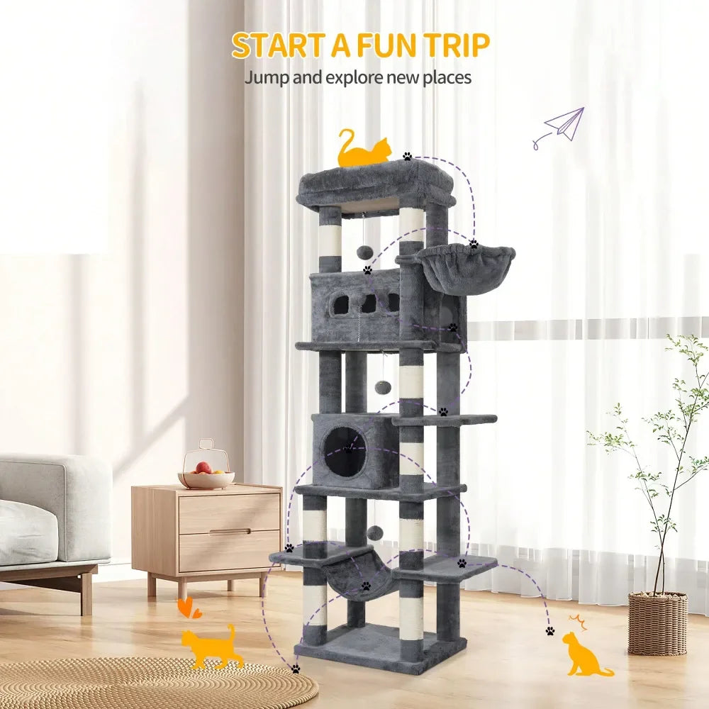 Cat Tree, 67 Large Tall Cat Tower For Indoor Cats, MultiLevel Cats House With Condo, 8 ching Posts, Hammock, 4 Pom Poms, L