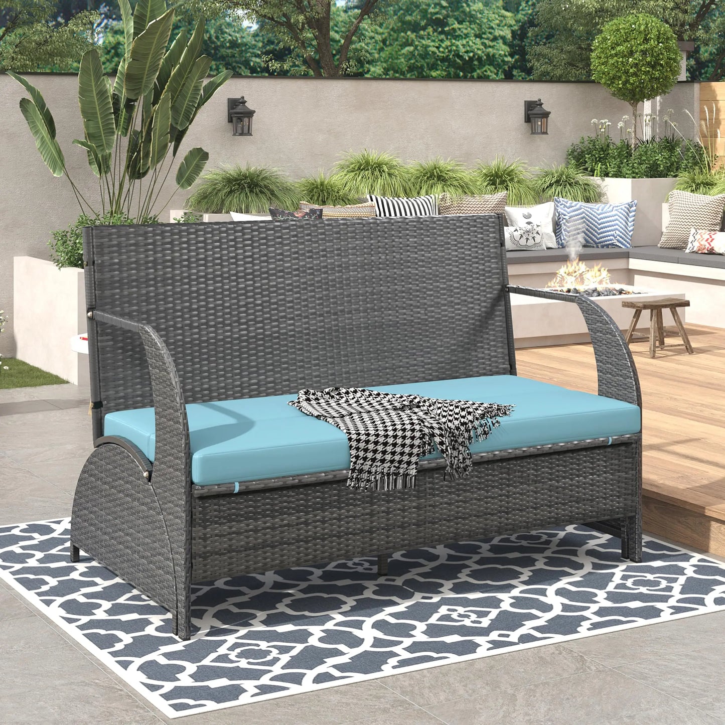 Outdoor Rattan Loveseat Convertible Picnic Upholstered Bench Table For Patio Garden Lawn Convertible to 4 Seats and 1 Table