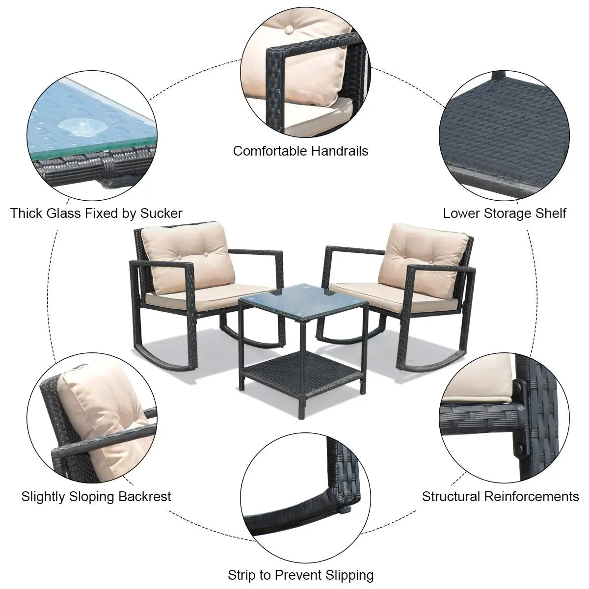 3 Pieces Patio Wicker Rocking Set, Outdoor Rocking Chairs and Table Set with Cushions, Glass Coffee Table with, Customized