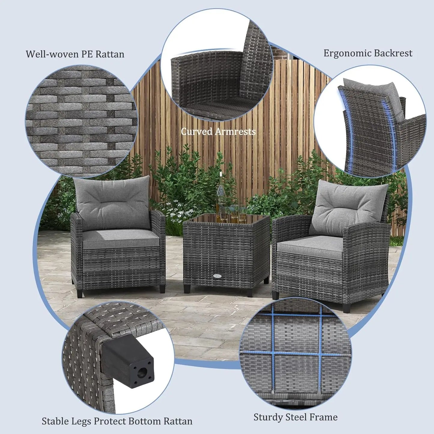 3 Piece Patio Furniture Set, Outdoor PE Rattan Conversation Set with Washable Cushions & Tempered Glass Tabletop,, Customized