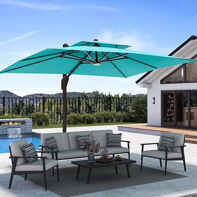 9' X 12' Patio Umbrella with LED Lights Outdoor Cantilever Large Rectangle Offset Umbrellas Heavy Duty Aluminum Double Top with