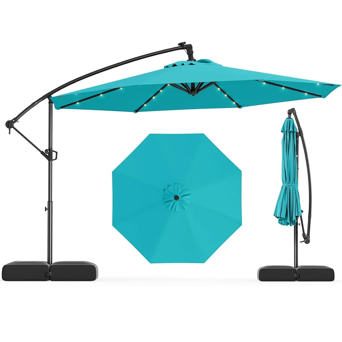 10ft Solar Patio Umbrella with Base Included, Offset Cantilever Outdoor Umbrella with 32 LED Lights, Infinite Tilt,, Customized