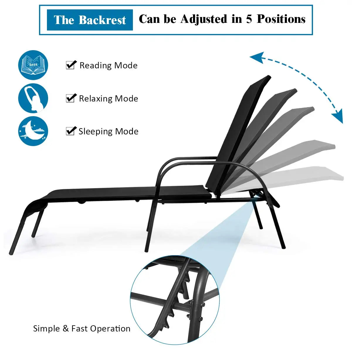 Adjustable Backrest Outdoor Lounge Chairs 2-Pack Reclining Patio Pool Steel Frame Beach Yard Balcony, Custom