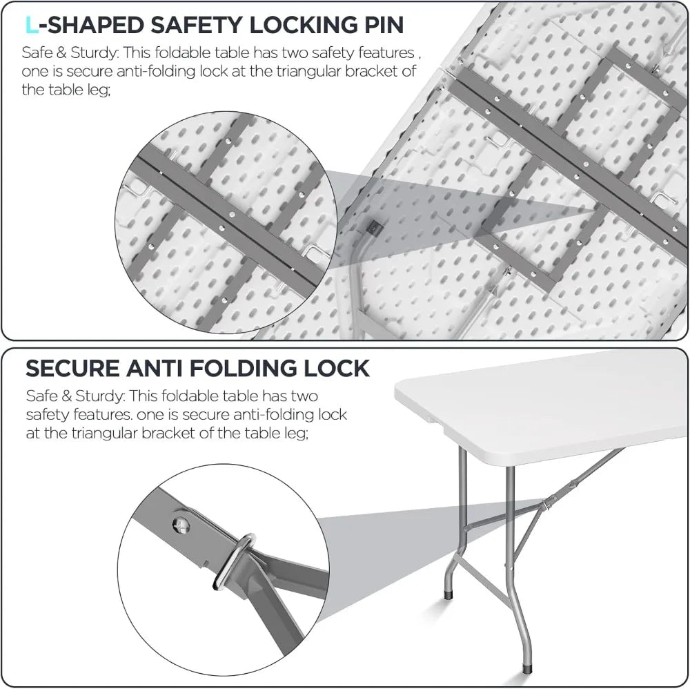 8ft Folding Picnic Table with Safety Locks, Portable Camping Table for Outdoor Party and Indoor Dining