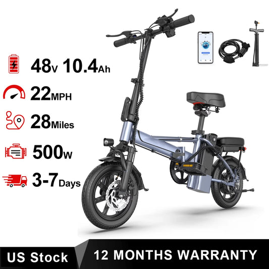 14'' Foldable Electric Bike 500W Motor 48V 10.4AH Battery 22MPH Max Speed 28Miles Long Range with Two Seats for Adult