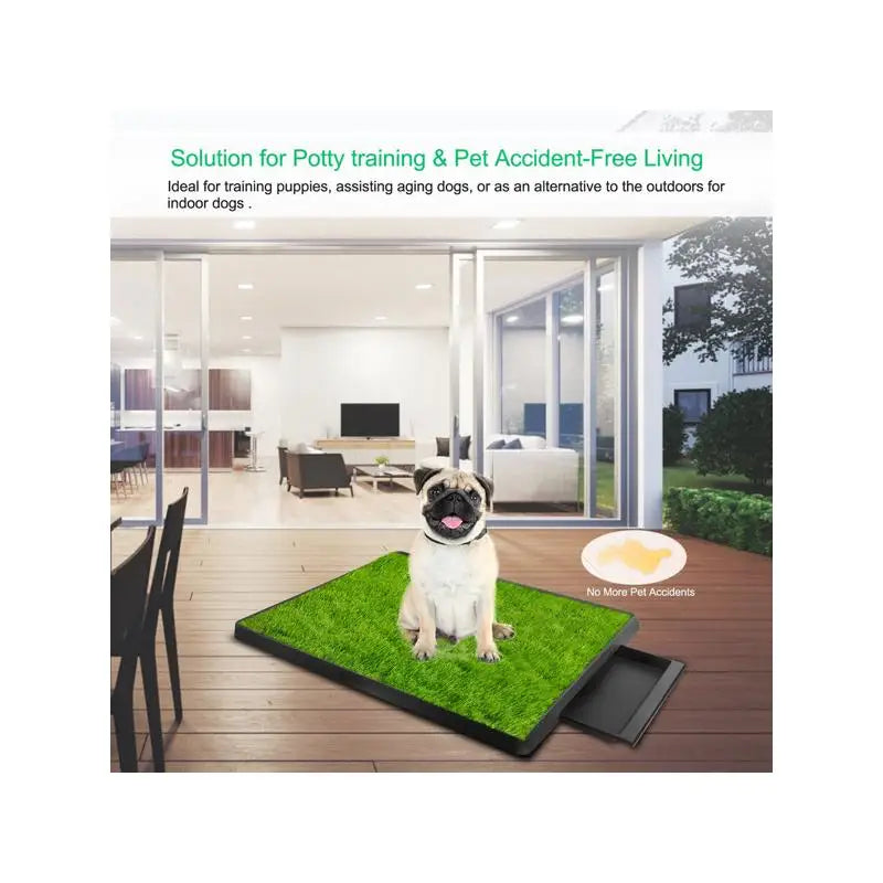 Indoor Puppy Training Pad & Potty Grass Mat with Removable Waste Tray, Easy Clean, Artificial Turf, 25"x20
