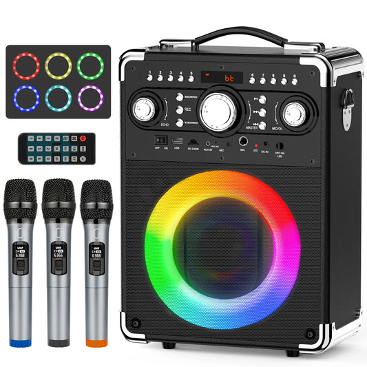 FanFun Karaoke Machine with 3 Mics&DJ Disco Ball Light, Portable Bluetooth Karaoke Speaker with LED Lights for Kids and Adults