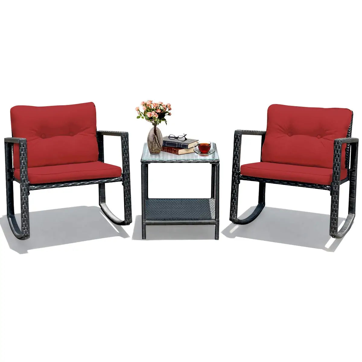 3 Pieces Patio Wicker Rocking Set, Outdoor Rocking Chairs and Table Set with Cushions, Glass Coffee Table with, Customized