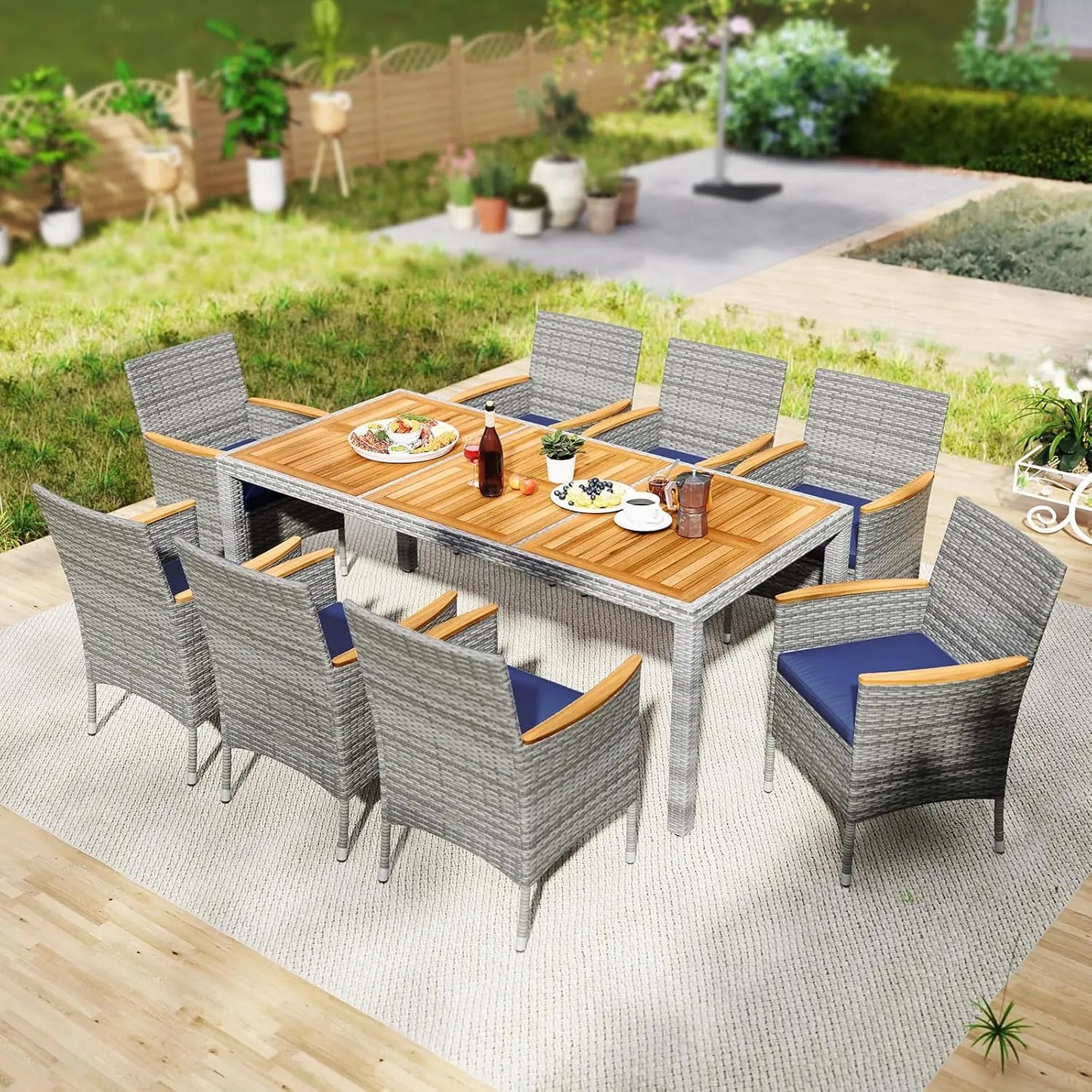 9 Pieces Rattan Outdoor Dining Set for 8,Outdoor Acacia Wood Table Set with 8 Cushioned Wicker Chairs,Patio Dining Furniture Set