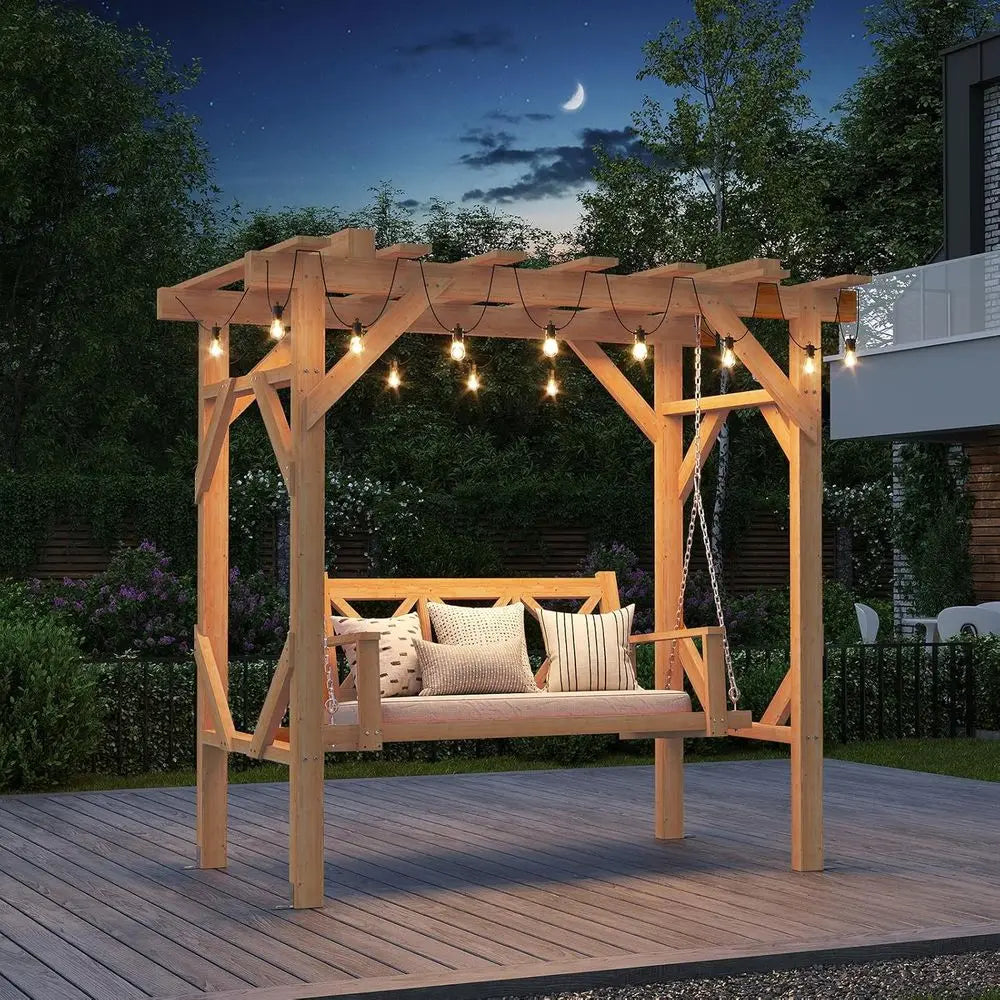 CeWood Outdoor Pergola Swing Bench, Porch Swing with Stand, 3-Seat Hammock Patio Swing Set with ，Metal Chains or Backyard, Garde