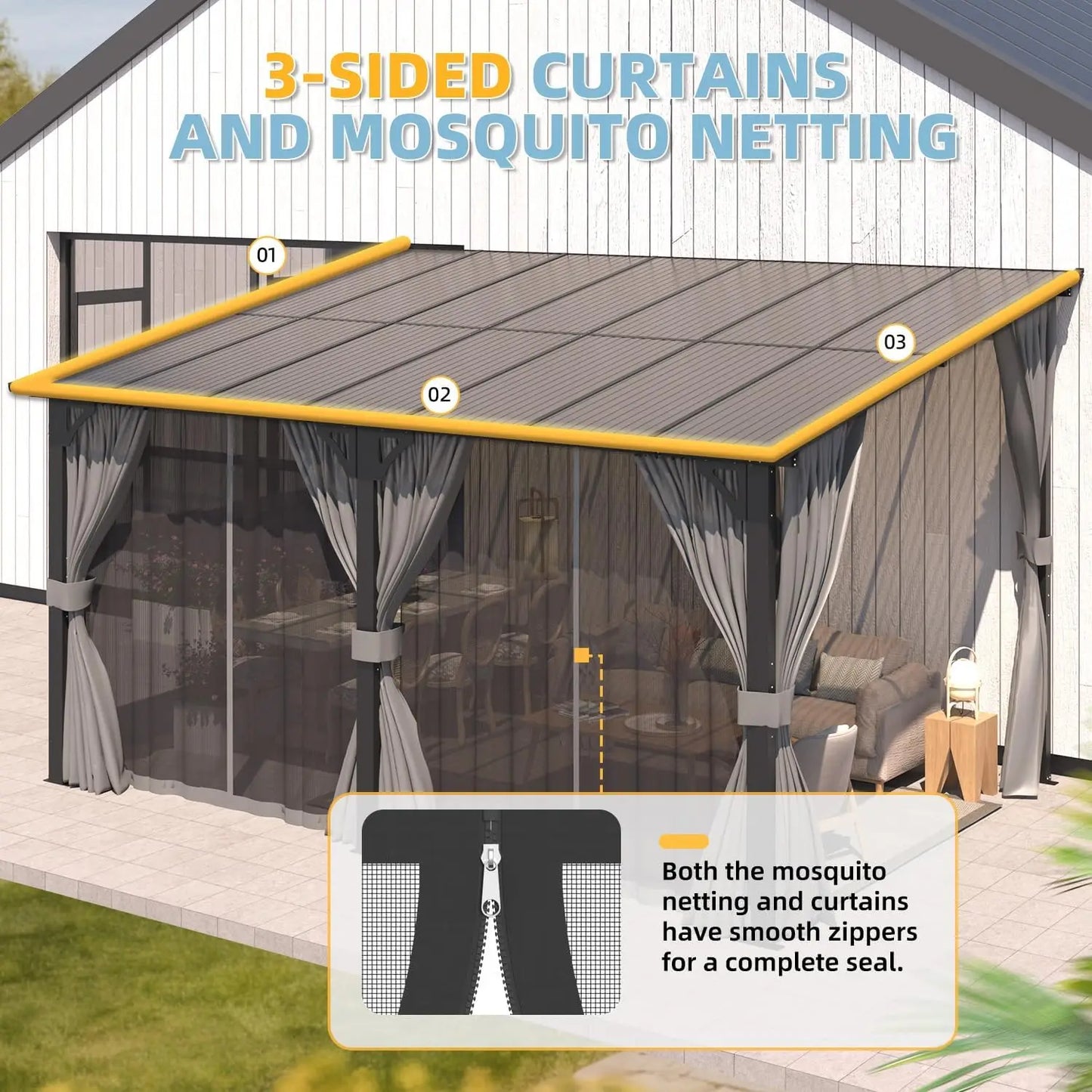 14' X 10' Gazebo, Hard Top Lean To Gazebo Pergola with Curtains and Mosquito Netting, Large Wall-Mounted Heavy Duty Awnings