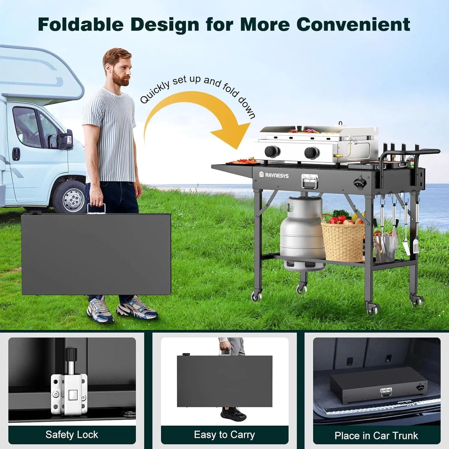 Portable Folding Grill Cart with Wheels, 440lbs Capacity, Universal Outdoor Cooking Table for BBQ and Camping