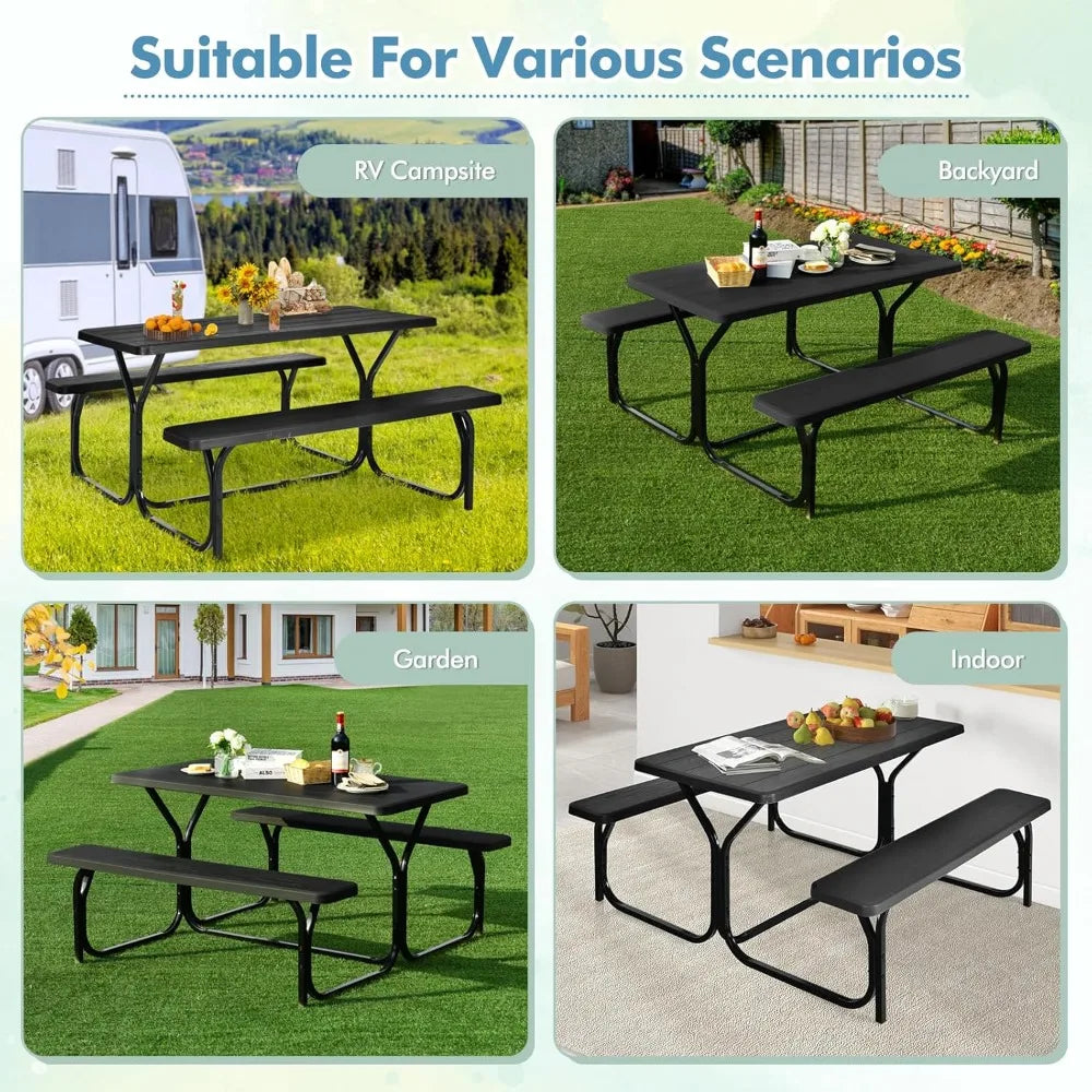 Picnic Table, Resin Dining Table & 2 Benches Set, Weather Resistant Wood Grain Tabletop & Steel Frame, Plastic Picnic Tables