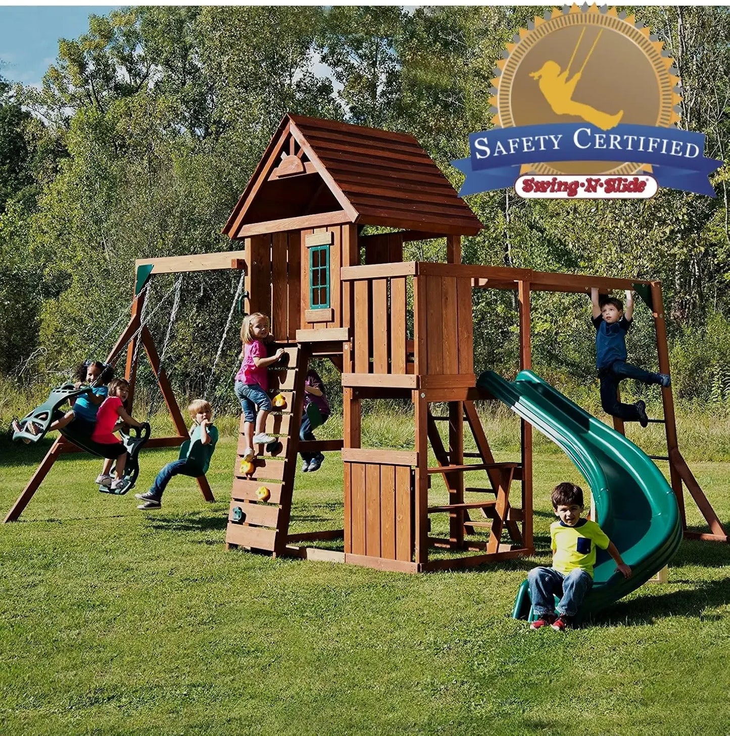 Swing Set Play Set with Two Swings, Slide, Monkey Bars, Picnic Table & Glider, Green