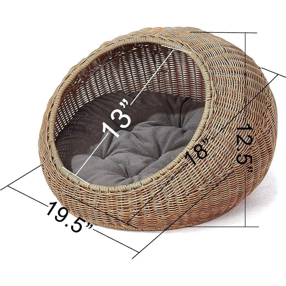 D+GARDEN Wicker Cat Bed Dome or Medium Indoor Cats - a Covered Cat Hideaway Hut o aux Rattan Houses Pets in Dome Basket, Washabl