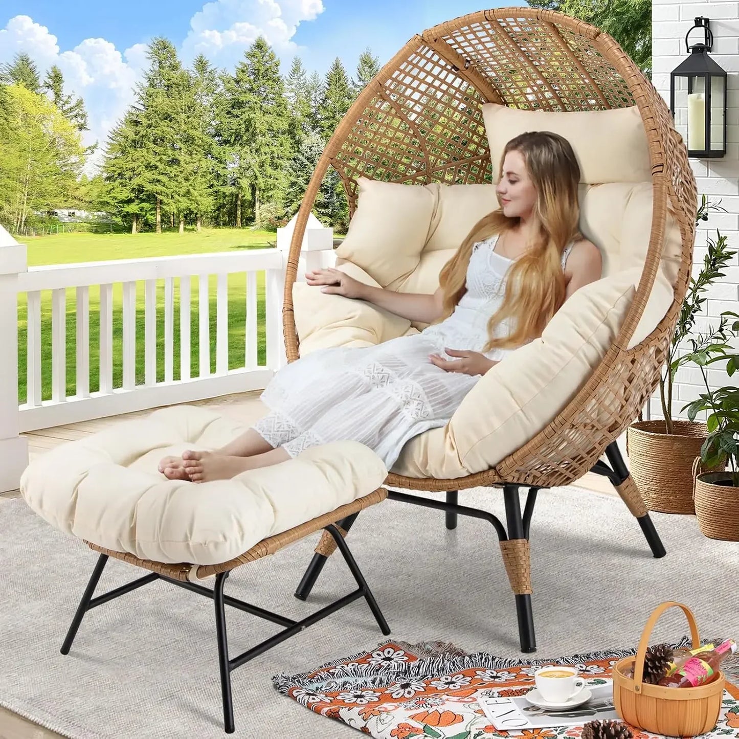Egg Chair with Footrest, Wicker Patio Lounger with Ottoman, Oversized Rattan Egg Shaped Chair with Leg for Indoor Outdoor