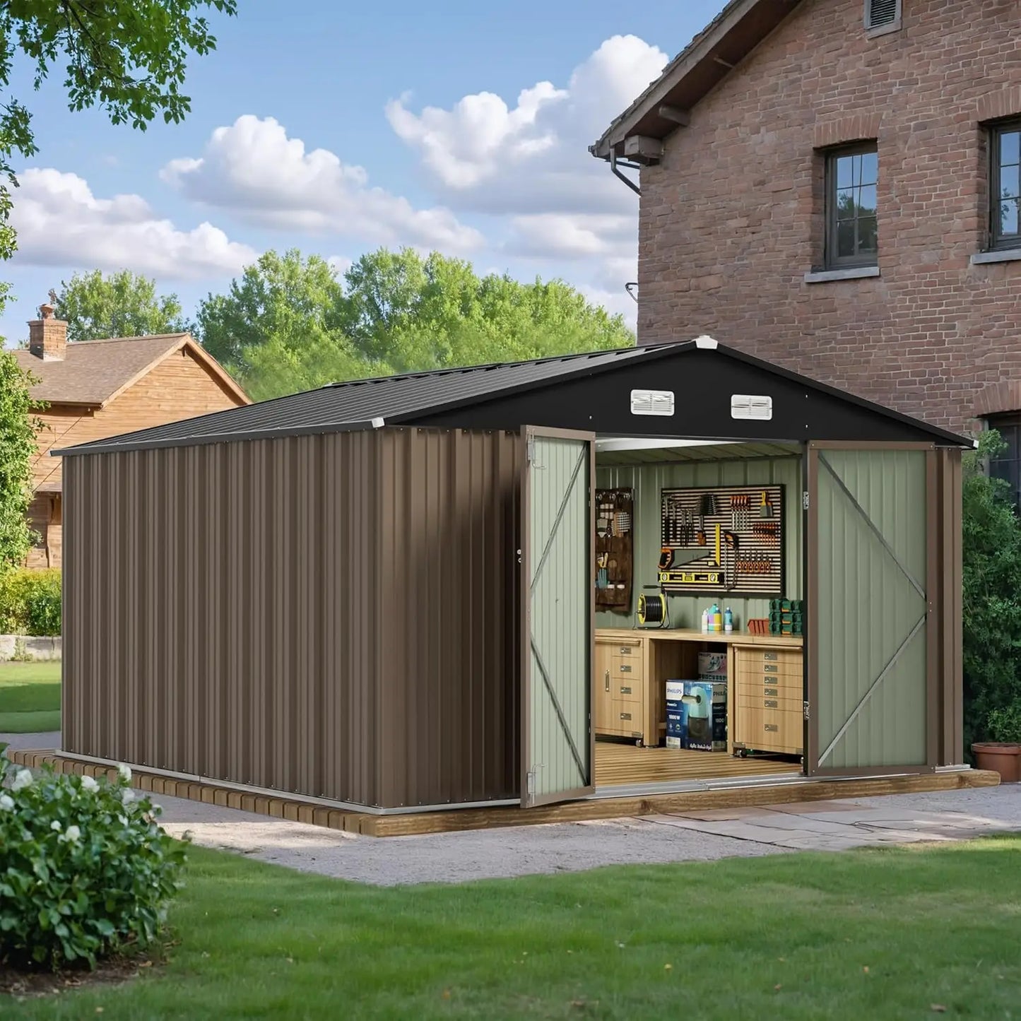 10 x 10 FT Outdoor Storage Shed, Large Metal Garden Shed & Tool Sheds for Backyard Garden Patio Lawn (Brown)