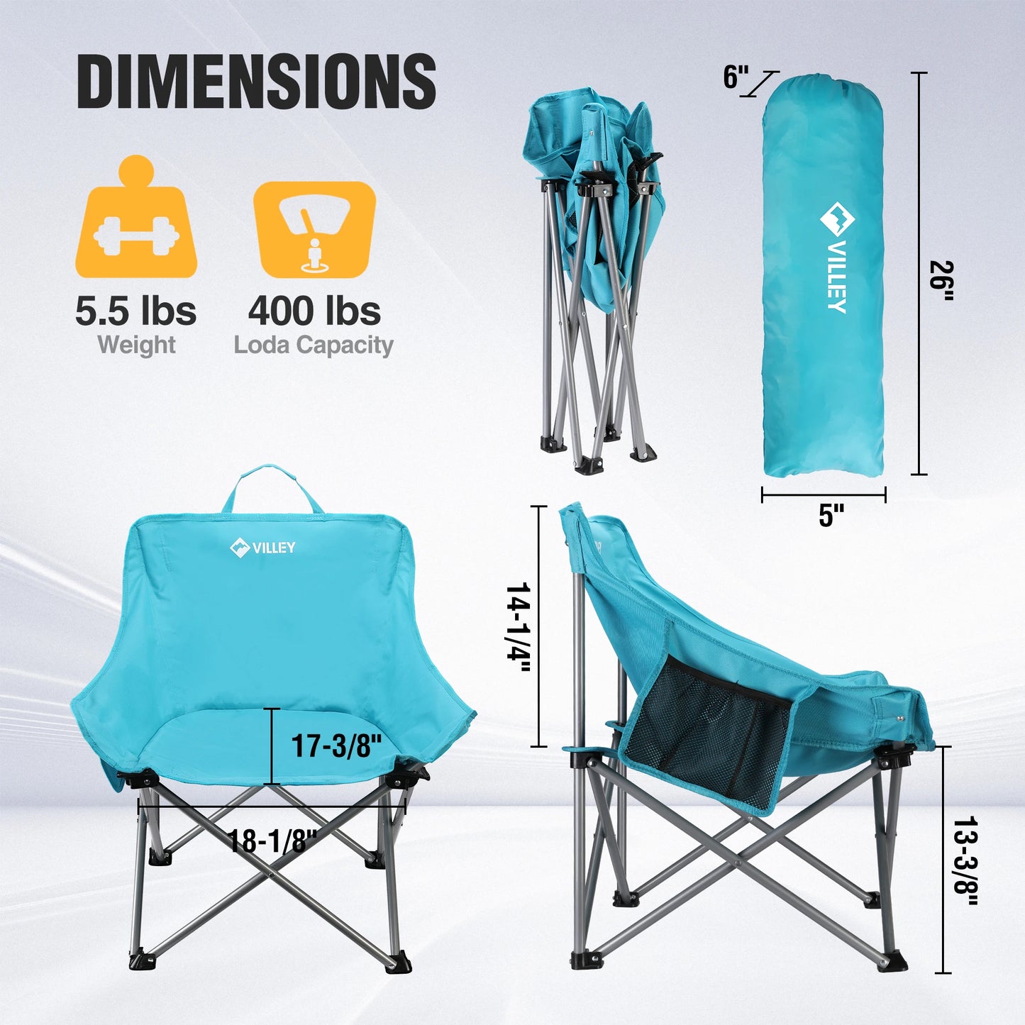 VILLEY Camping Chair Beach Folding Chair, Outdoor Lawn Portable Lightweight Chair, Foldable Chair with Carry Bag, for Outside