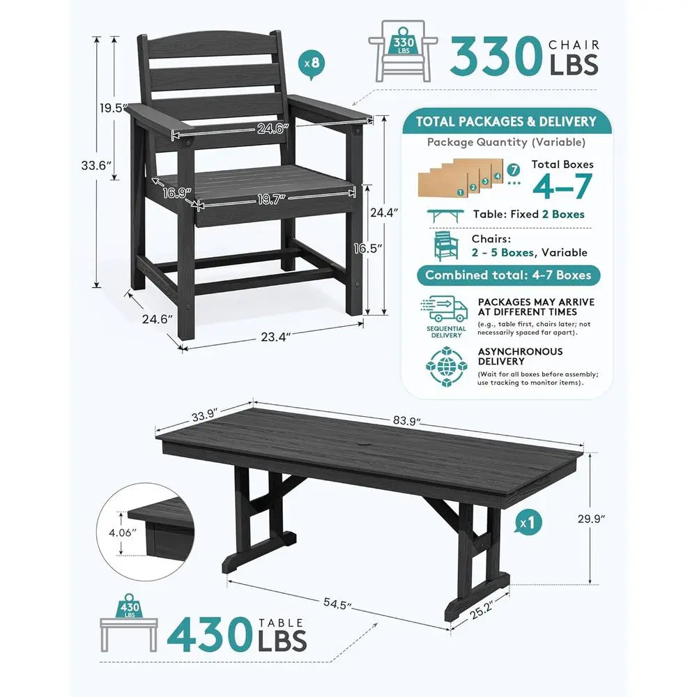 9 Piece Outdoor Dining Set, 84" HDPE Outdoor Table and Chairs or 8，All Weather Patio urniture Set with Umbrella Hole or Backyard