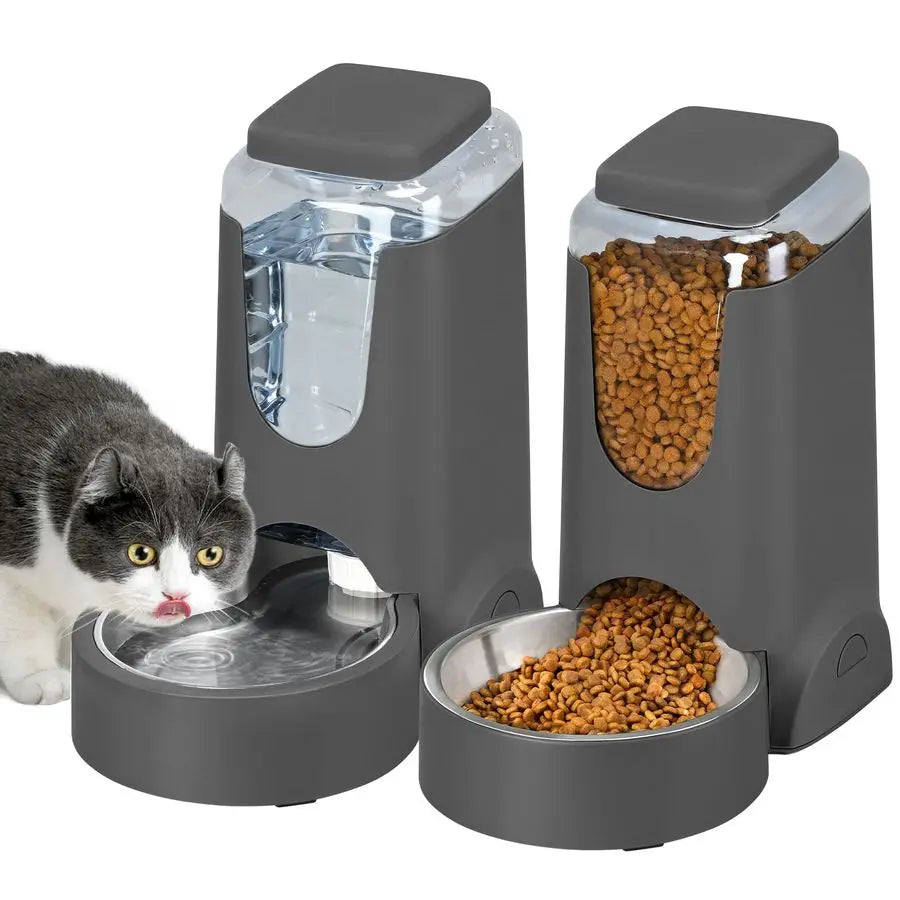 2 Pack Automatic Cat Feeder and Stainless Steel Water Dispenser, Gravity Dog Waterer Set Food Feeder and Waterer Set for Small