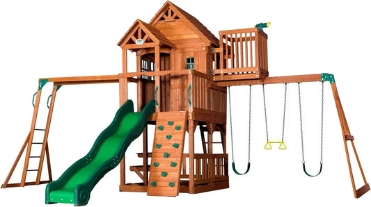 II Cedar Wood Swing Set with Wave Slide, Raised Clubhouse, Crow's Nest, Monkey Bars, Balcony, Belt Swings, Trapeze, Rock