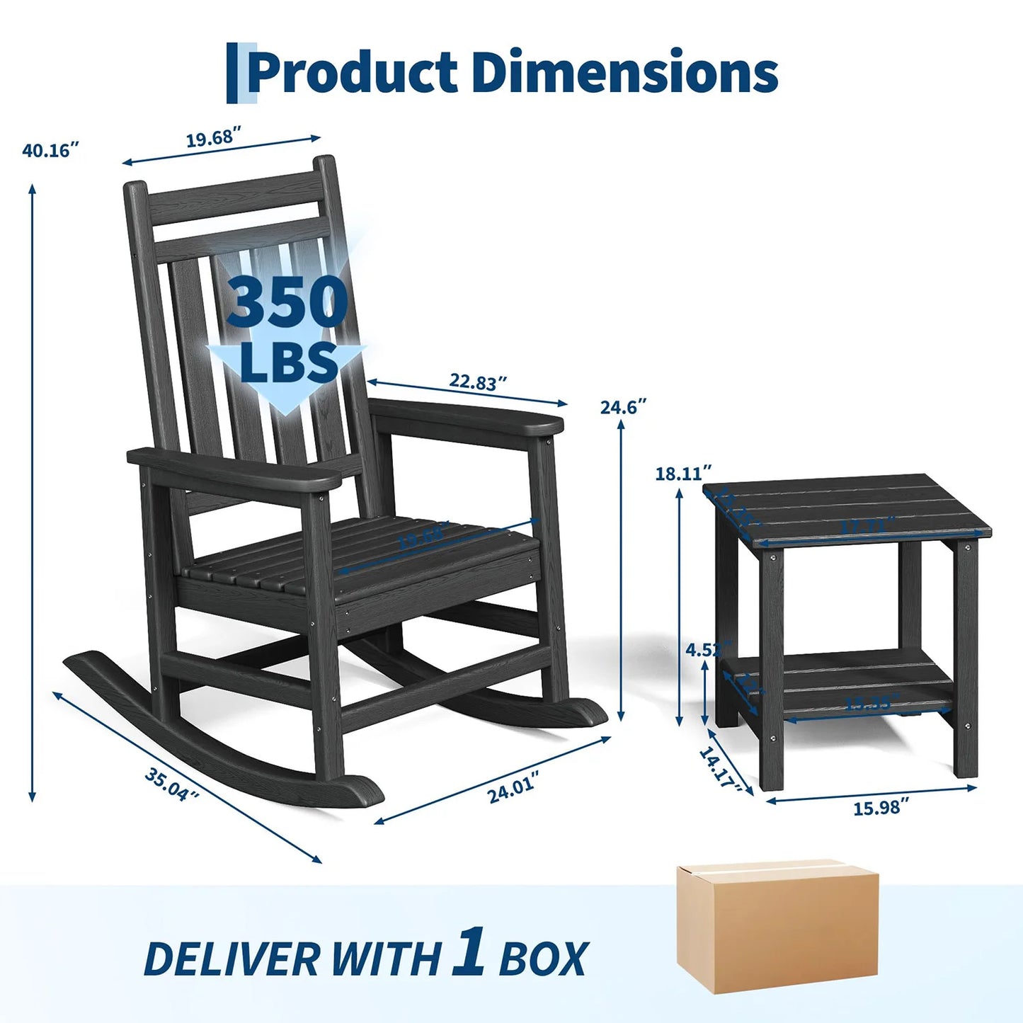 2-Piece Outdoor Poly Lumber Rocking Chair Set With Side Table, HDPE High-Back Adirondack Porch Rockers, All-Weather Resistant
